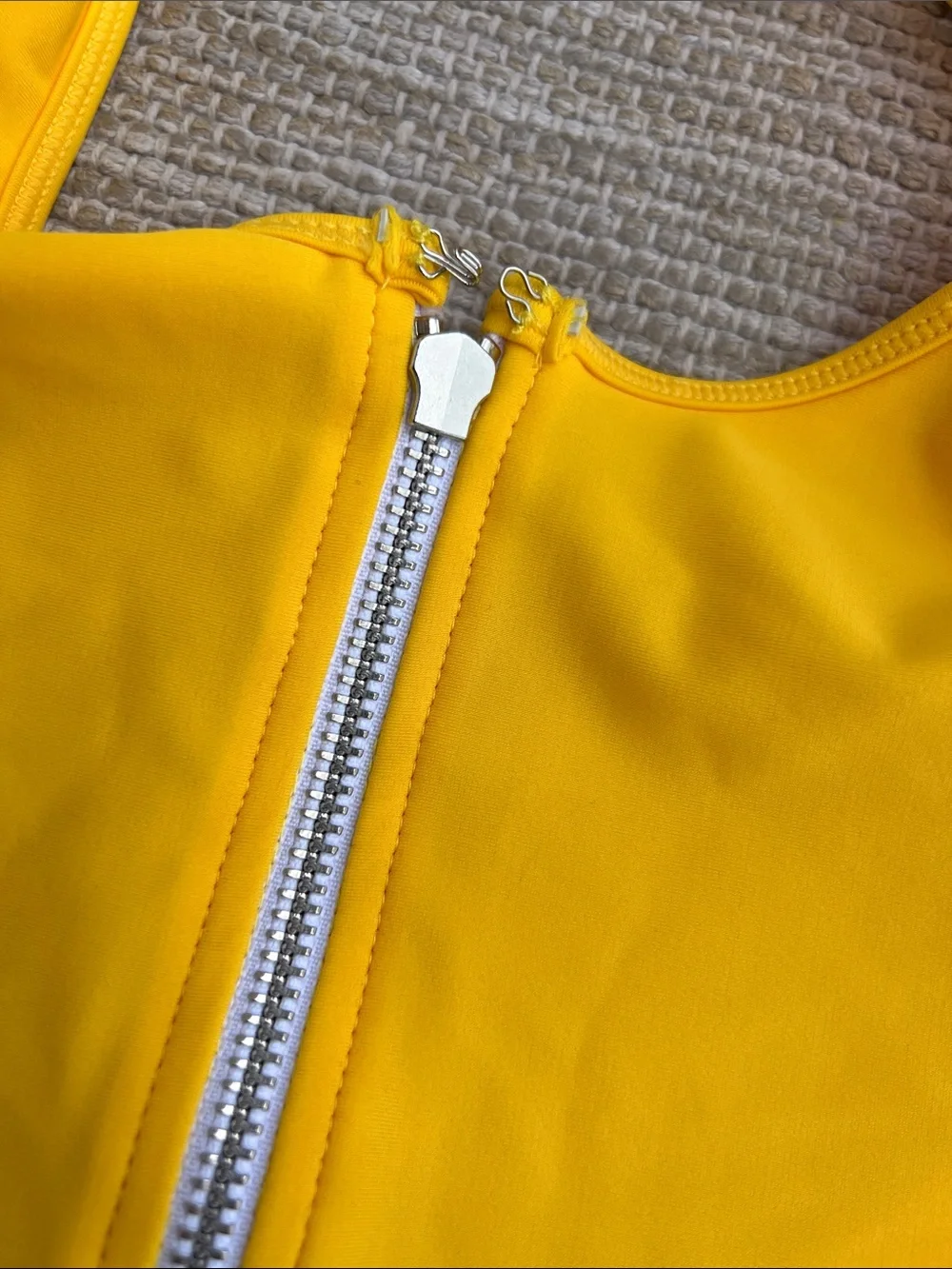 Lovers + Friends One Piece Swimsuit Sporty Color block Half Zip Yellow Pink M